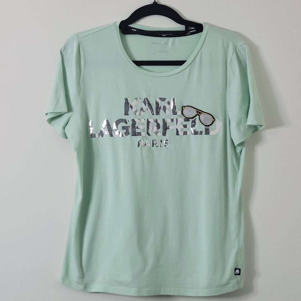 Karl Lagerfeld Paris Mint Green Graphic Tee - Size M - Metallic Silver Logo